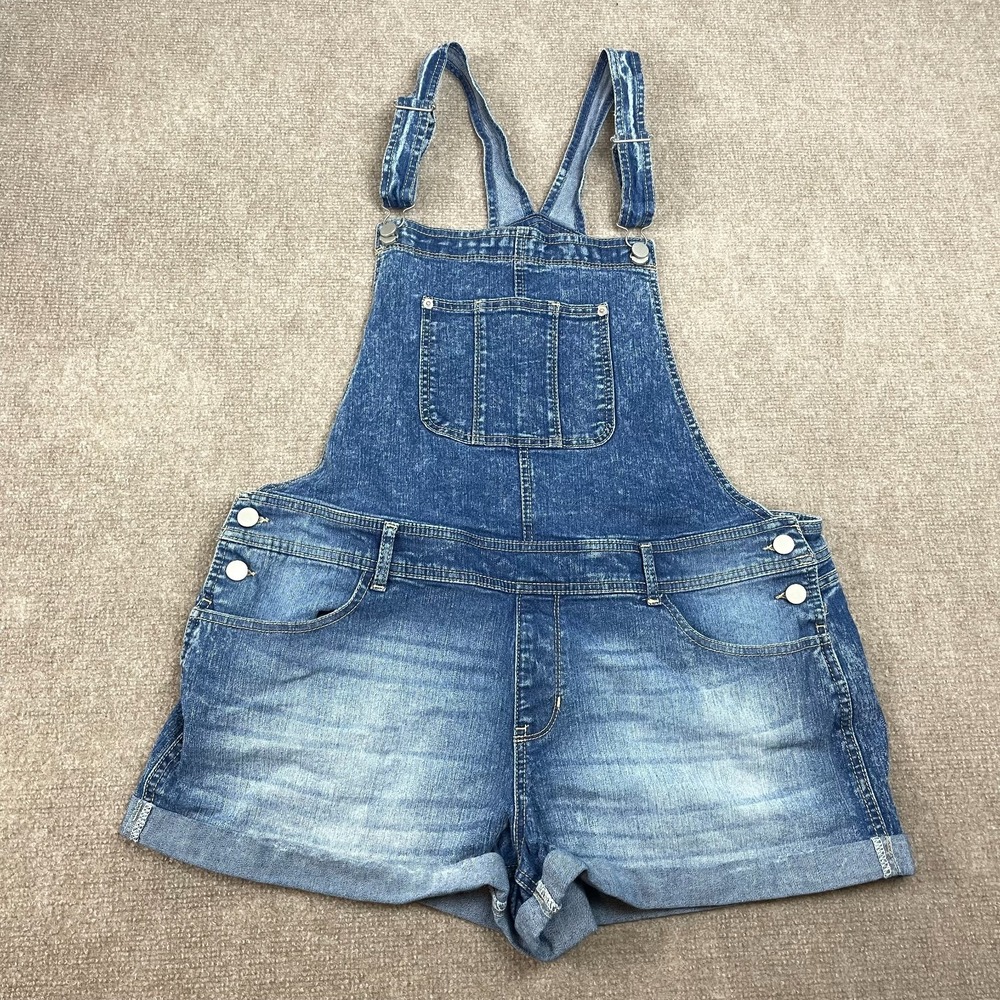 No Boundaries Shortalls Womens XL 15/17 Blue Denim Cotton Stretch Relaxed Fit